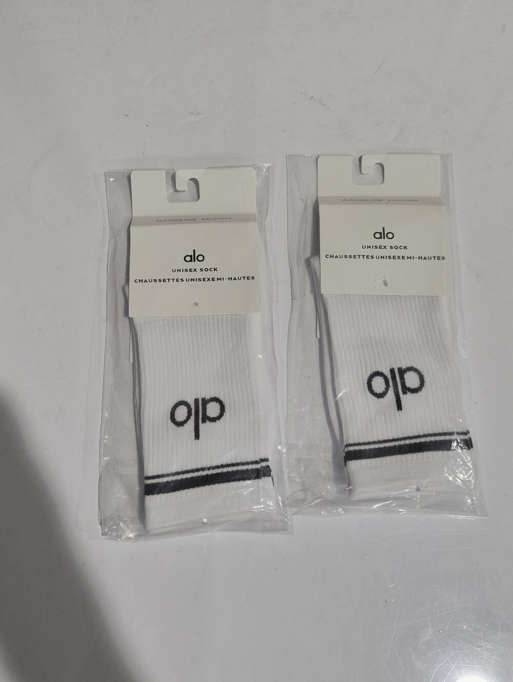 ALO Yoga Two Pair of White Athletic Ribbed Crew Socks with Black Logo Sz Small